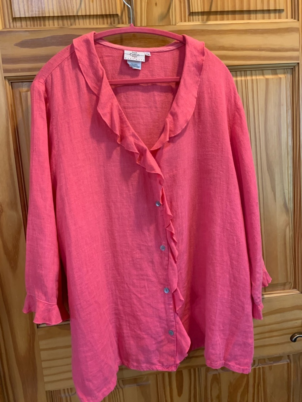 Women’s Ruffle-Trim Button-Down Blouse in Coral Pink